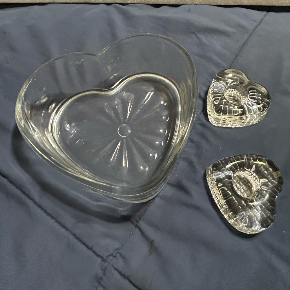 Libbey Heart-Shaped Candy Dish & Heart-Shaped Candlestick Holders